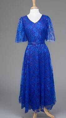 Vintage 70s Mike Benet Formals sz 6 Blue Simply Lace Belted Maxi Dress Prom Hoco